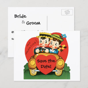Retro Boy and Girl in Car, Vintage Save the Date! Announcement Postcard