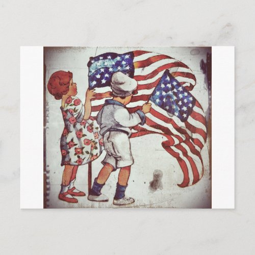 Retro Boy and Girl Waving Flags Postcard