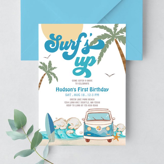 Retro Boy ANY AGE Surf's Up Surfing Birthday Party Invitation (Creator Uploaded)
