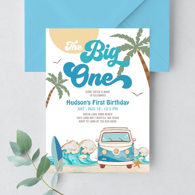 Retro Boy Big One Surfing 1st Birthday Party Invitation (Creator Uploaded)