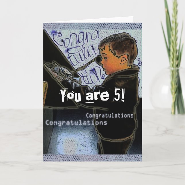 Retro Boy Calling Birthday Congratulations Card (Front)
