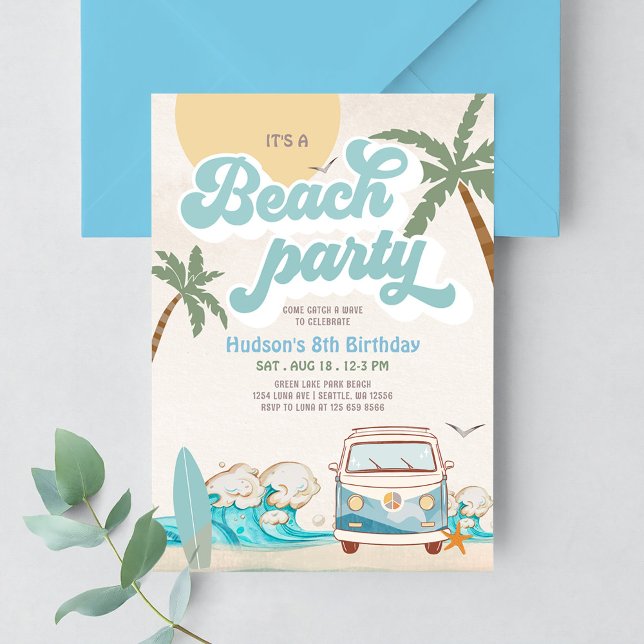 Retro Boy It's a Beach Party Surfing Birthday Part Invitation (Creator Uploaded)