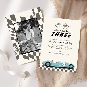 Retro Boys Vintage Blue Race Car Birthday Party Invitation