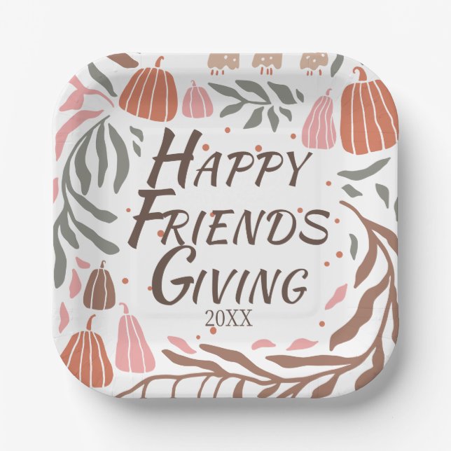 Retro branches, leaves and pumpkins Friendsgiving Paper Plates (Front)