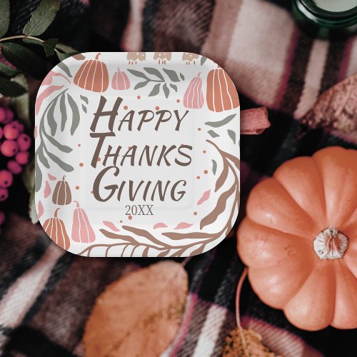 Retro branches leaves and pumpkins Thanksgiving Paper Plates