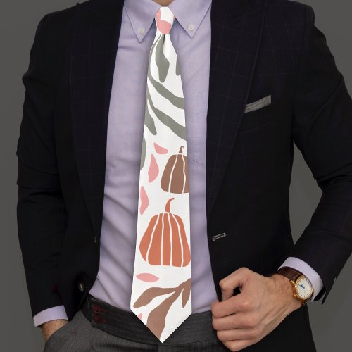 Retro branches leaves pumpkins fall Thanksgiving Neck Tie