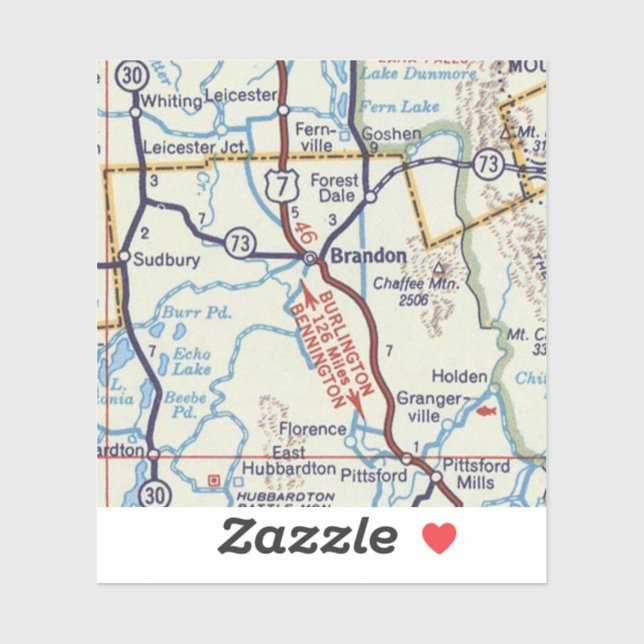 Retro Brandon Vermont Map Sticker (Sheet)