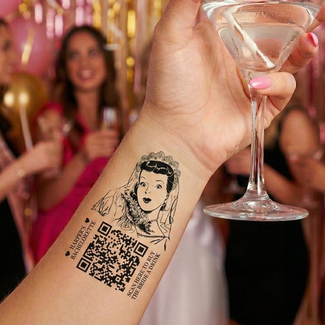 Retro Bride Buy A Drink QR Code Bachelorette Temporary Tattoos (Make your bestie's last fling before the ring unforgettable (and affordable) )