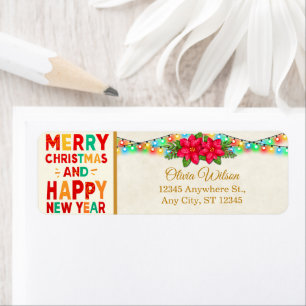 Retro Bright Christmas Lights & Poinsettia Return Label
