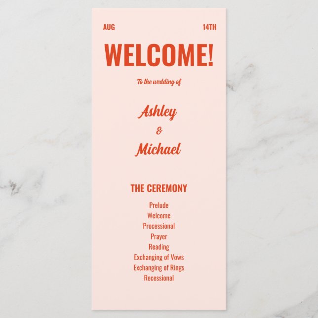 Retro Bright & Colorful Peach Wedding  Program (Front)