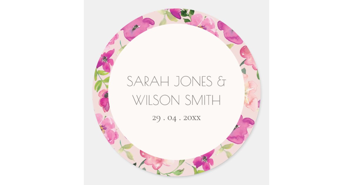 Retro Bright Pink Fun Watercolor Floral Wedding Classic Round Sticker ...