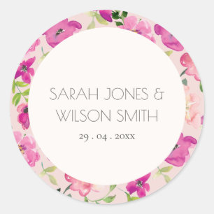 Retro Bright Pink Fun Watercolor Floral Wedding Classic Round Sticker