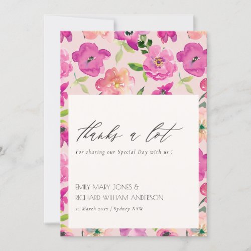 Retro Bright Pink Fun Watercolor Floral Wedding Thank You Card