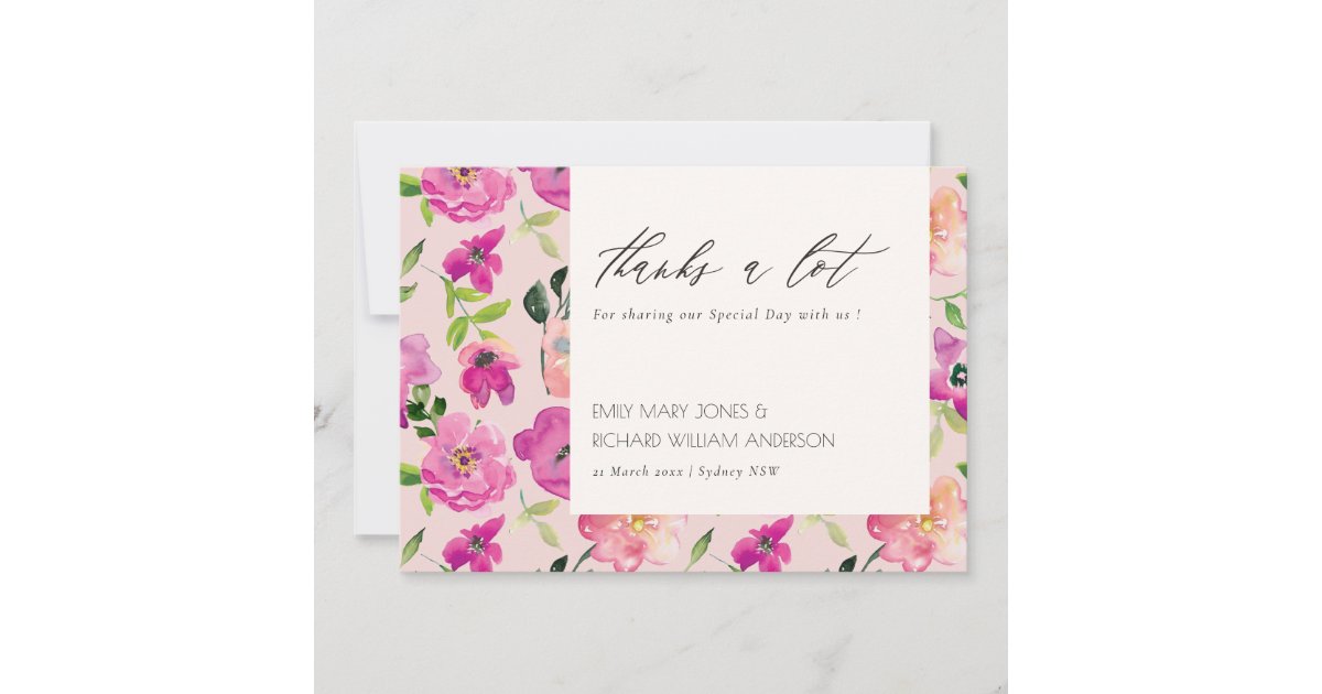 Retro Bright Pink Fun Watercolor Floral Wedding Thank You Card | Zazzle