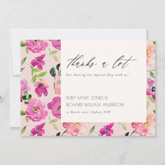 Retro Bright Pink Fun Watercolor Floral Wedding Thank You Card | Zazzle