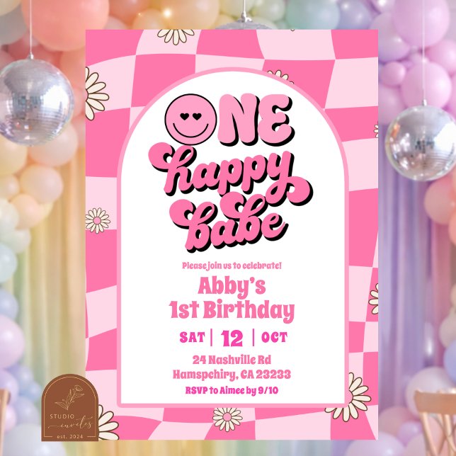 retro bright pink one happy babe birthday invitation (Creator Uploaded)