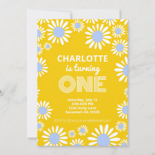 Retro Bright Yellow Daisy First Birthday Invitation