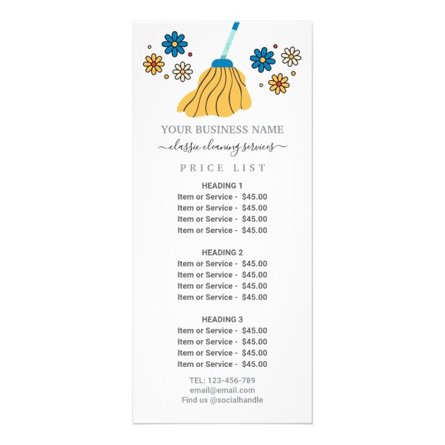 Retro Broom Cleaning Services Price List Rack Card (Front)