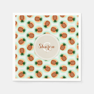 Retro brown and mint pineapple patterns monogram paper napkins
