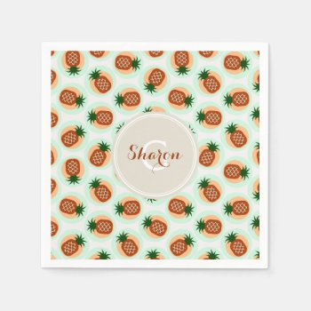 Retro Brown And Mint Pineapple Patterns Monogram Paper Napkins by TintAndBeyond at Zazzle