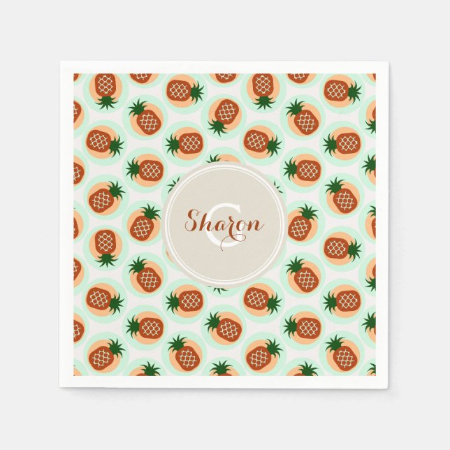 Retro brown and mint pineapple patterns monogram paper napkins (Front)