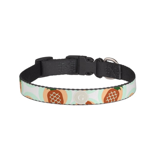 Retro brown and mint pineapple patterns monogram pet collar (Front)