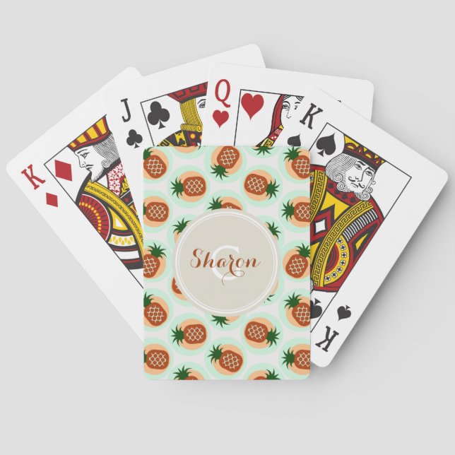 Retro brown and mint pineapple patterns monogram poker cards (Back)