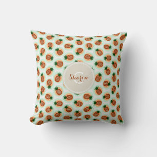 Retro brown and mint pineapple patterns monogram throw pillow