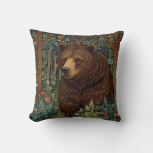 Retro brown bear artwork boho woodland forest throw pillow
