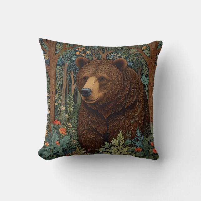 Retro brown bear artwork boho woodland forest throw pillow (Front)