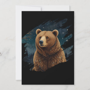 Retro brown bear midnight starry landscape invitation