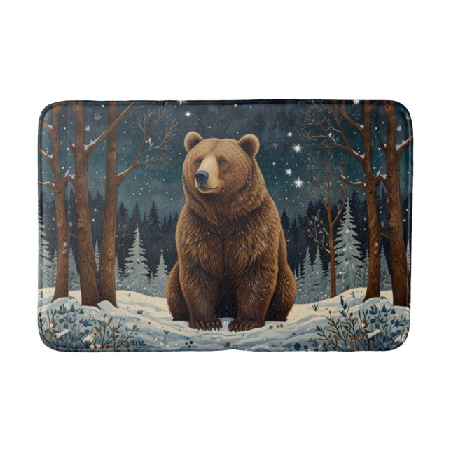 Retro brown bear midnight winter landscape bath mat (Front)