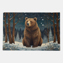 Retro brown bear midnight winter landscape