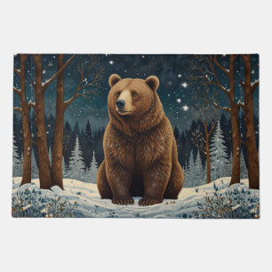 Retro brown bear midnight winter landscape doormat