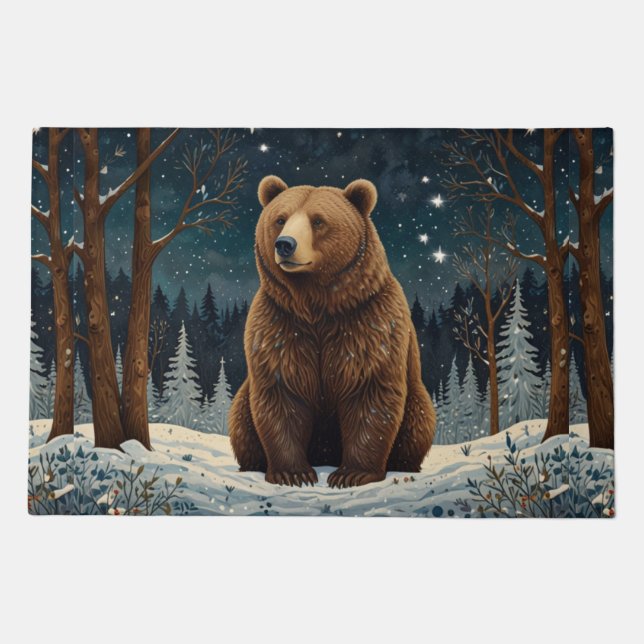 Retro brown bear midnight winter landscape doormat (Front)