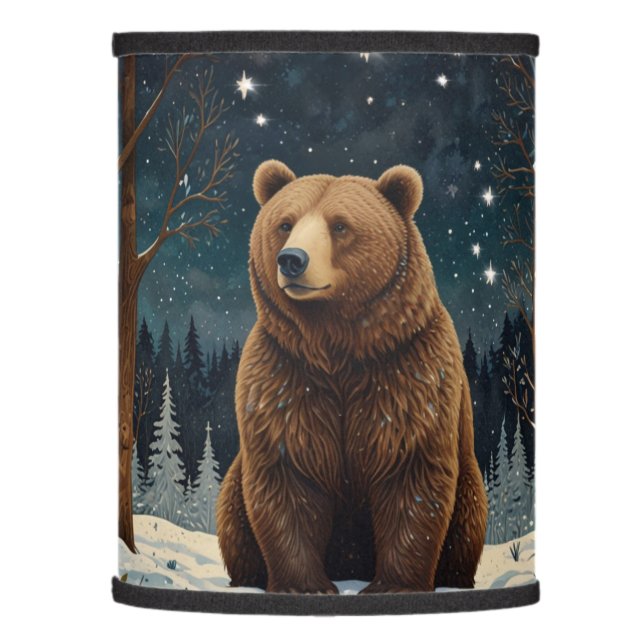 Retro brown bear midnight winter landscape lamp shade (Left)