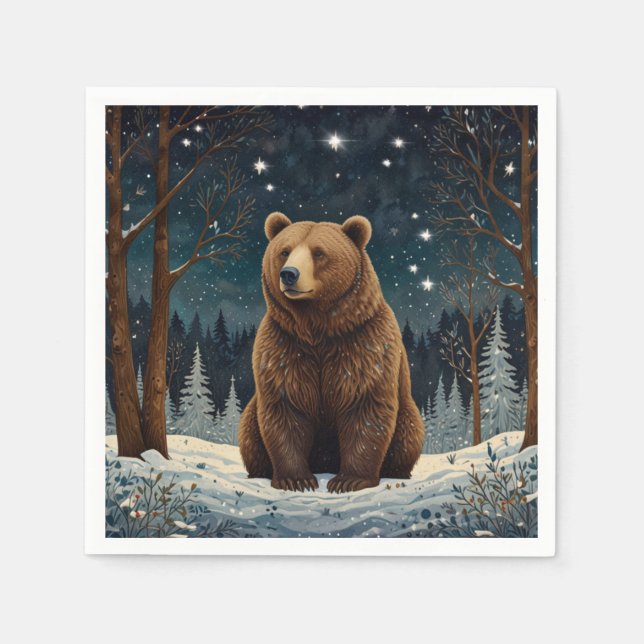 Retro brown bear midnight winter landscape napkins (Front)
