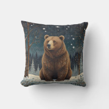 Retro brown bear midnight winter landscape