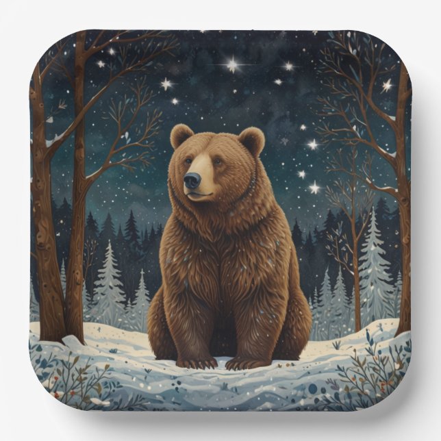 Retro brown bear midnight winter landscape paper plates (Front)