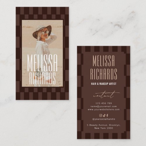 Retro Brown Beige Groovy Beauty Salon Custom Photo Business Card