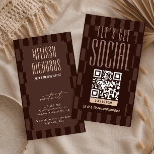 Retro Brown & Beige Social Media Scannable QR Code Business Card