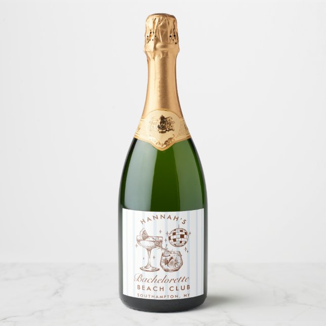 Retro Brown & Blue Stripes Bachelorette Sparkling Wine Label (Front)