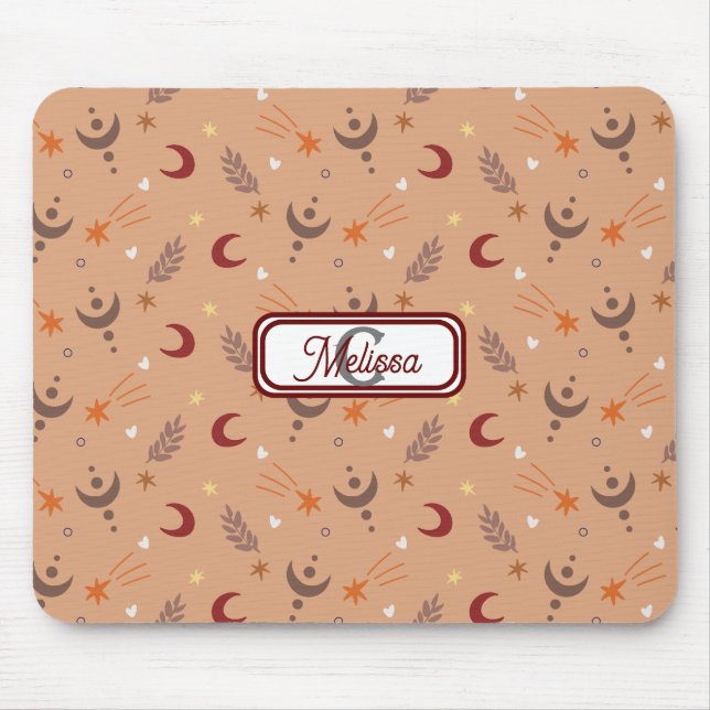 Retro Brown Boho Whimsical Monogram Personalized  Mouse Pad (Front)