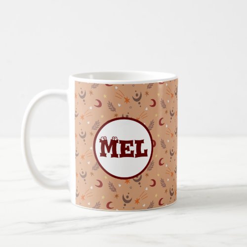 Retro Brown Boho Whimsical Pattern Personalized  Coffee Mug