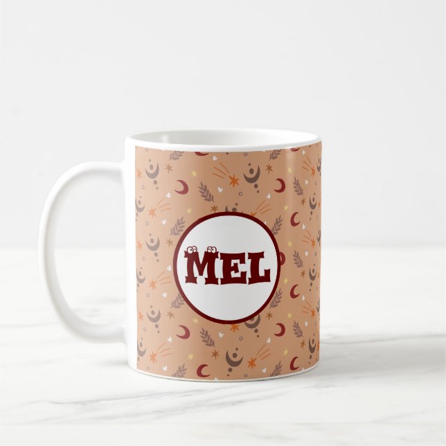 Retro Brown Boho Whimsical Pattern Personalized  Coffee Mug (Left)
