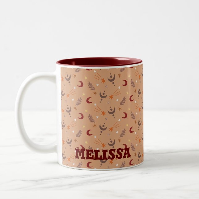Retro Brown Boho Whimsical Pattern Personalized  Two-Tone Coffee Mug (Left)