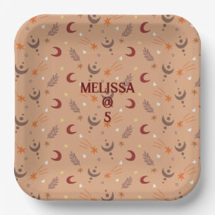 Retro Brown Boho Whimsical Personalized Birthday Paper Plates