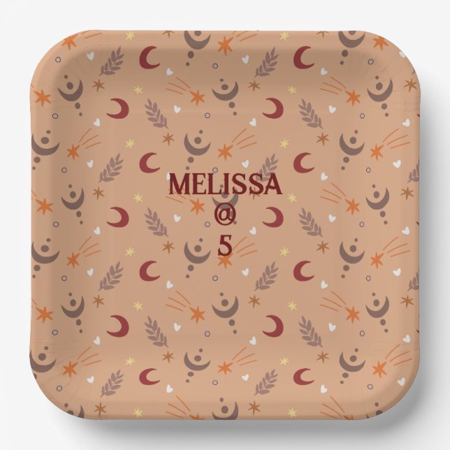 Retro Brown Boho Whimsical Personalized Birthday Paper Plates (Front)