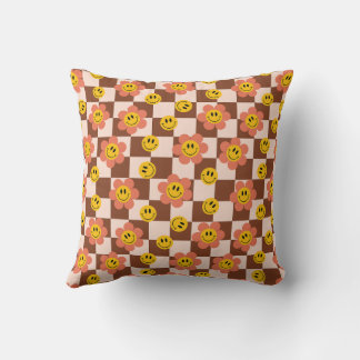 Retro Brown Checkered Pattern with flowers Throw Pillow