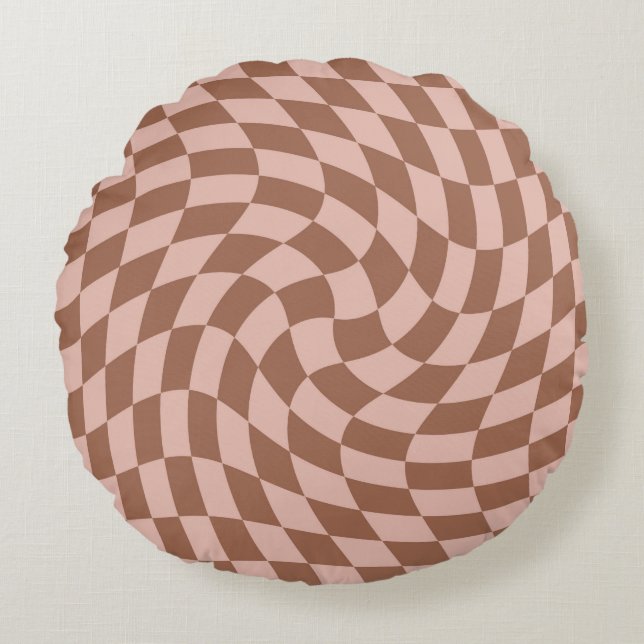 Retro Brown Checks Warped Checkered Dorm Room Round Pillow (Front)